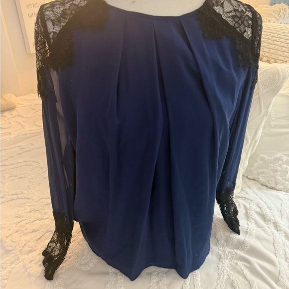 Alice + Olivia Navy Blouse with Black Lace - Picture 1 of 13